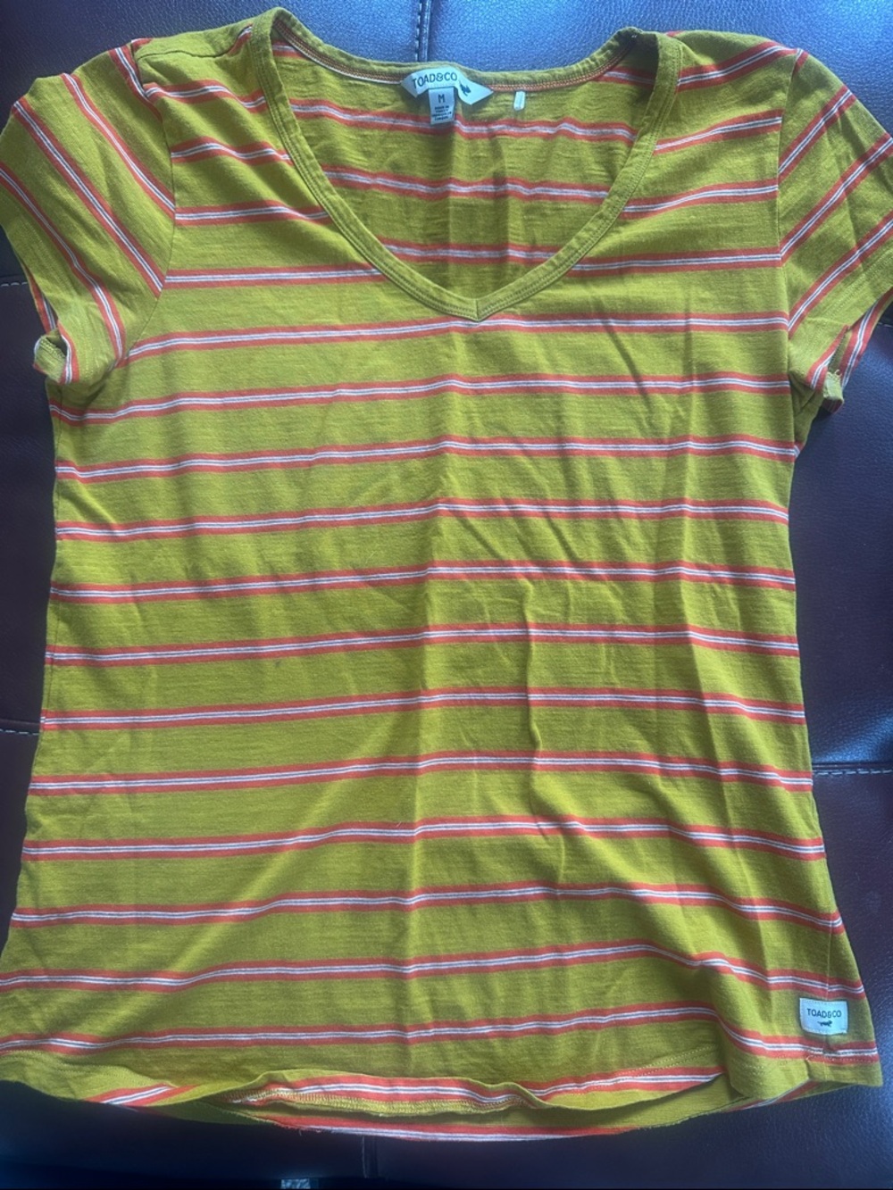 Toad&Co Yellow and Orange Striped V-Neck Tee